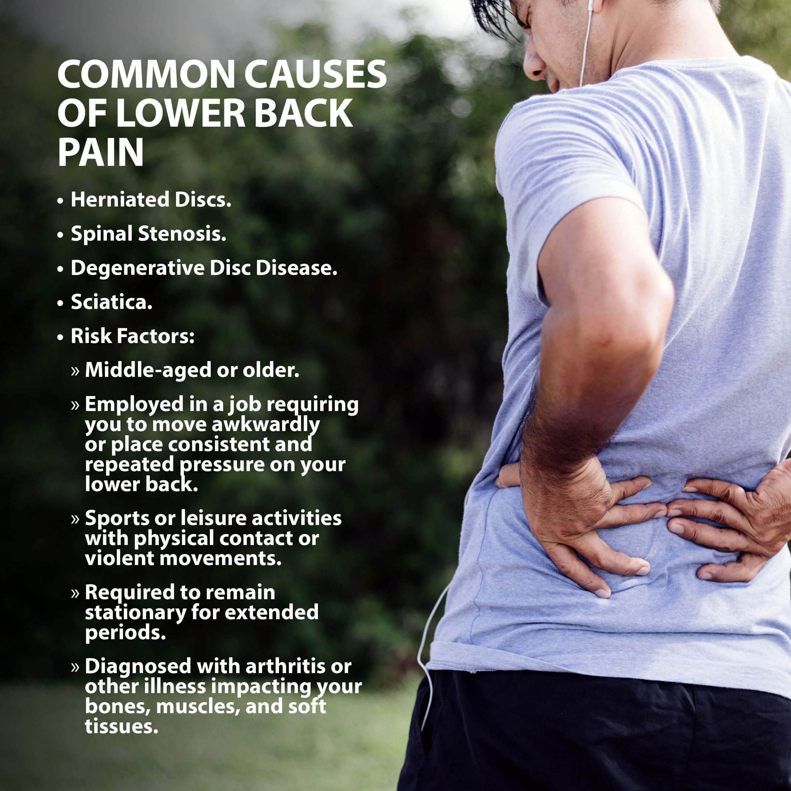 common causes of lower back pain listed next to man holding his back. Contact FOI for what to expect after lumbar epidural steroid injection.