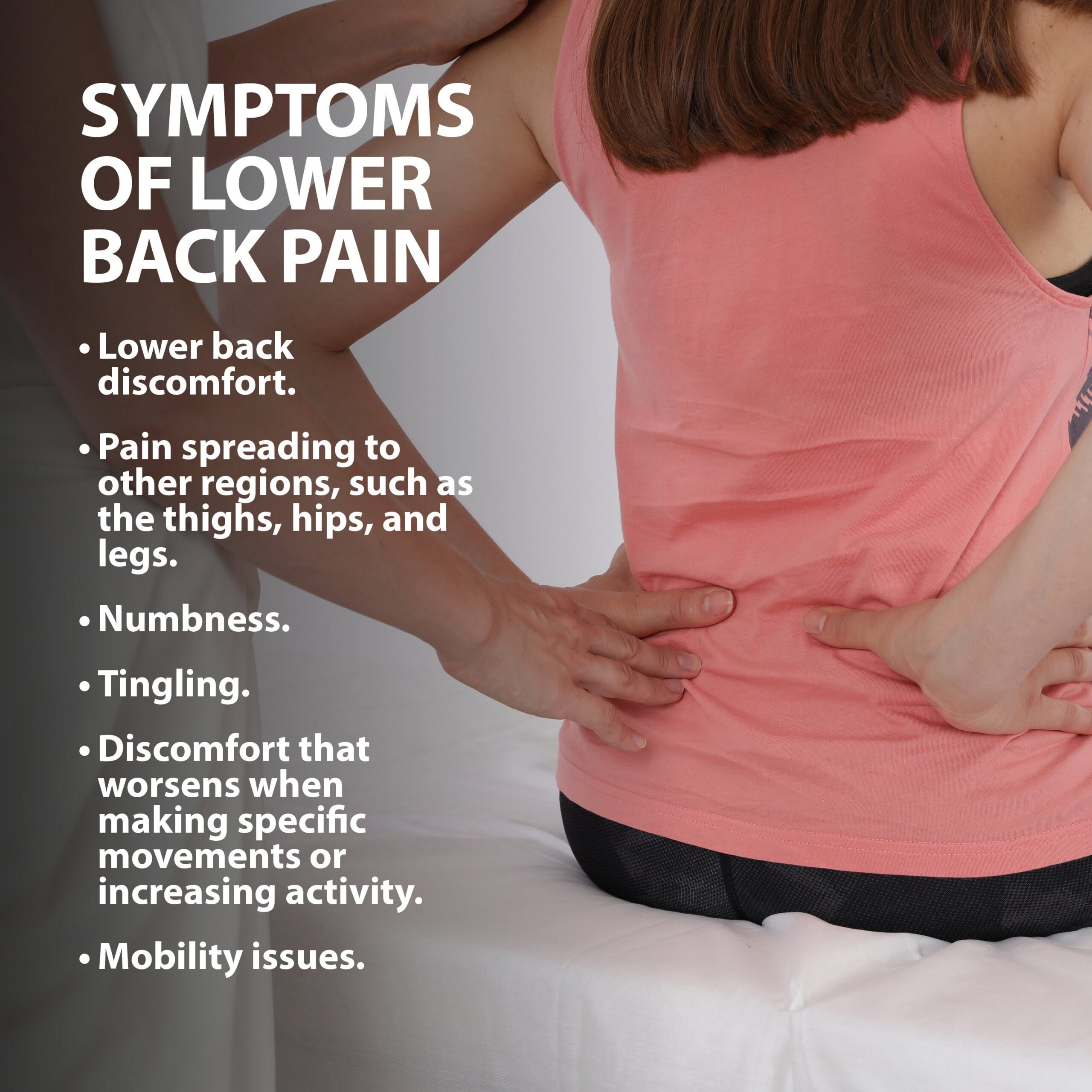 symptoms of lower back pain listed next to a woman holding her back. Contact FOI for what to expect after lumbar epidural steroid injection - a procedure to help ease lower back pain.